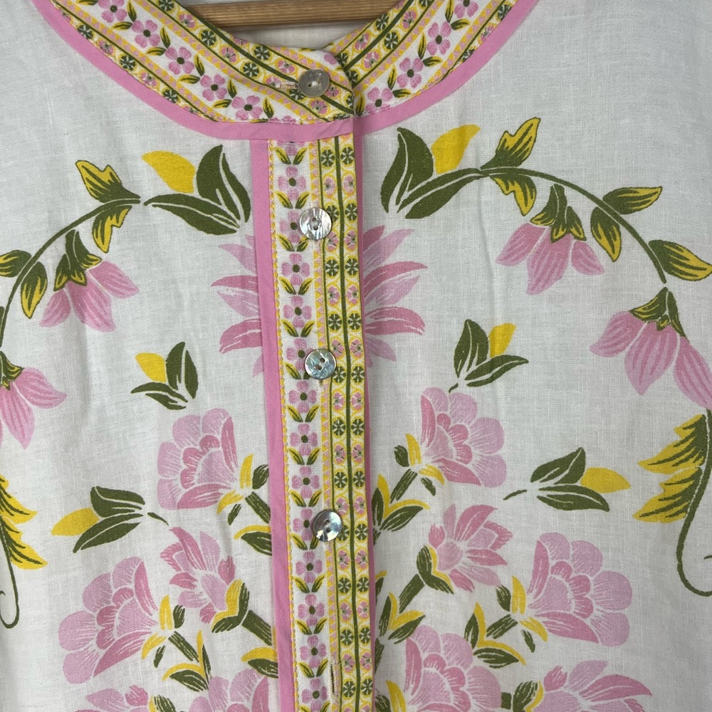 A loves a white pink green Bubble Sleeve Floral Dress MISSING BELT size large - Picture 5 of 9
